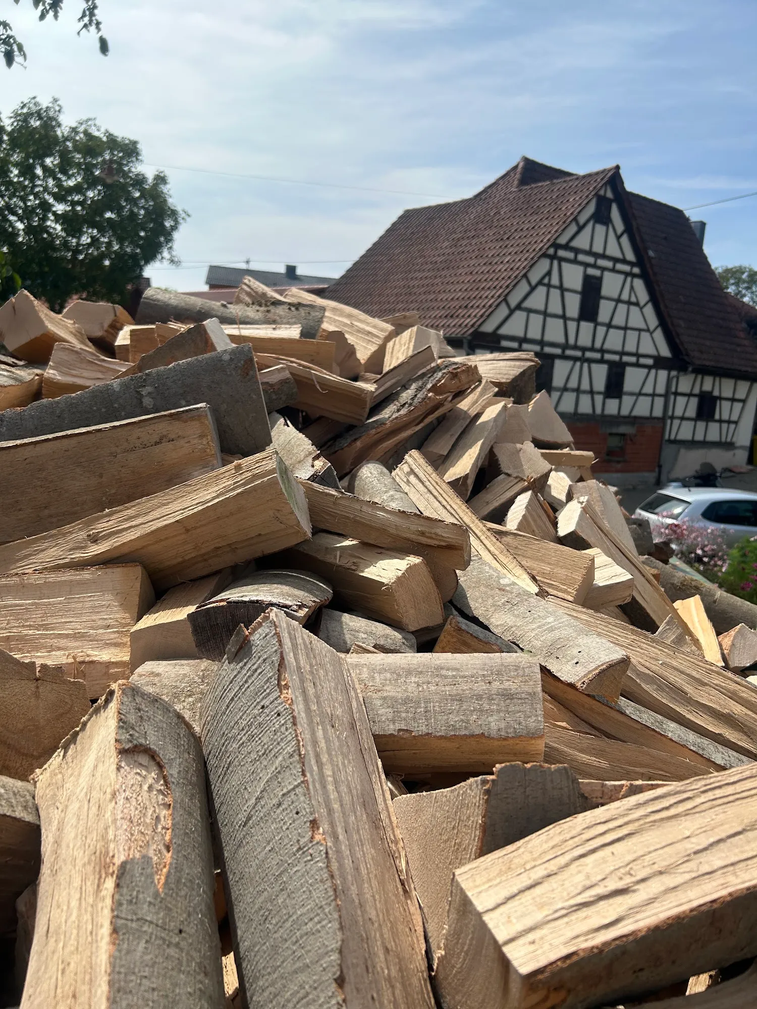 Aufgestapeltes Brennholz vor einem Fachwerkhaus